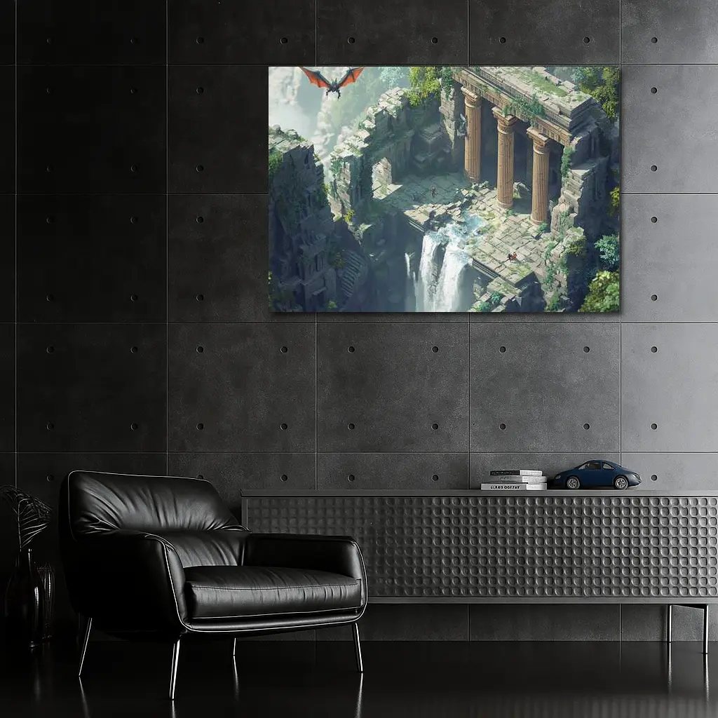 Fantasy Dragon Ancient Ruins Waterfall Scene – Wall Art