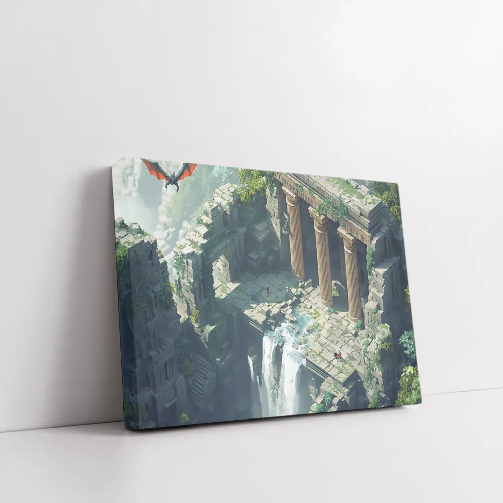 Fantasy Dragon Ancient Ruins Waterfall Scene – Wall Art