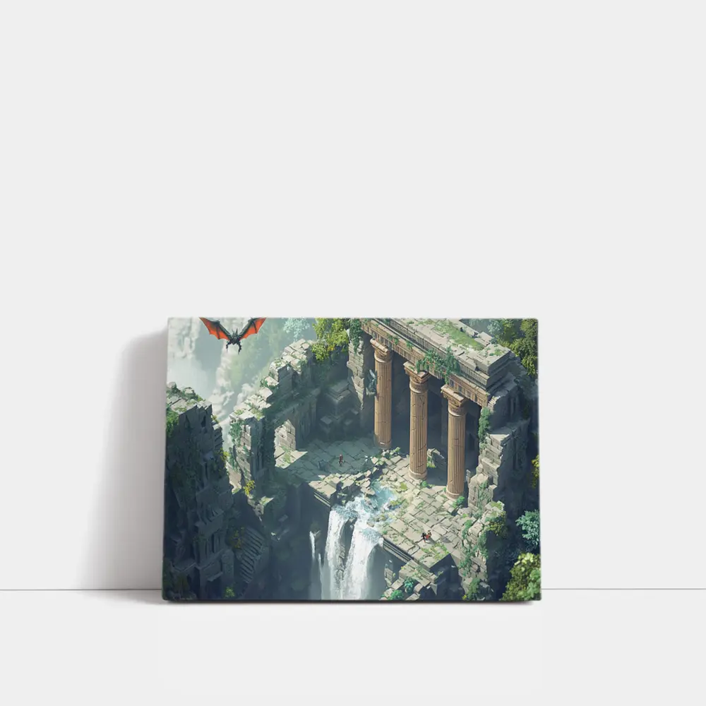 Fantasy Dragon Ancient Ruins Waterfall Scene – Wall Art