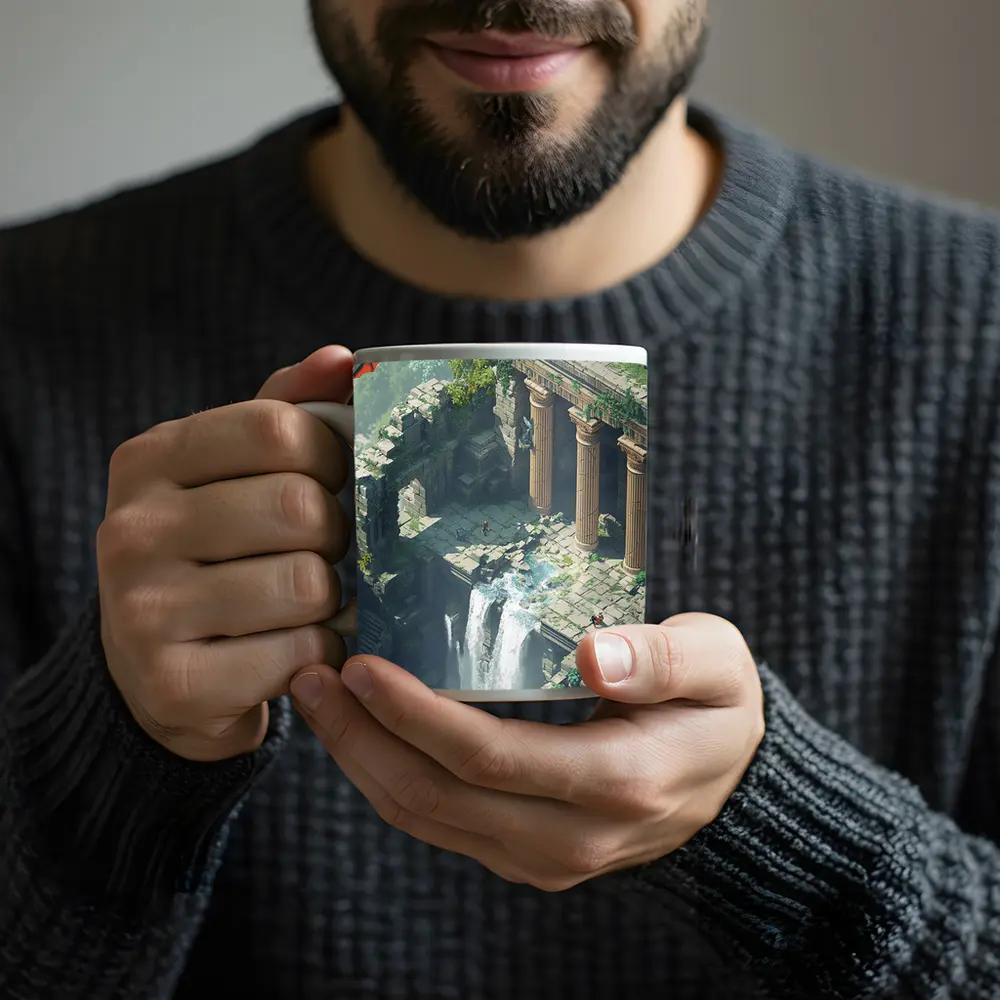 Fantasy Dragon Ancient Ruins Waterfall Scene – Mugs