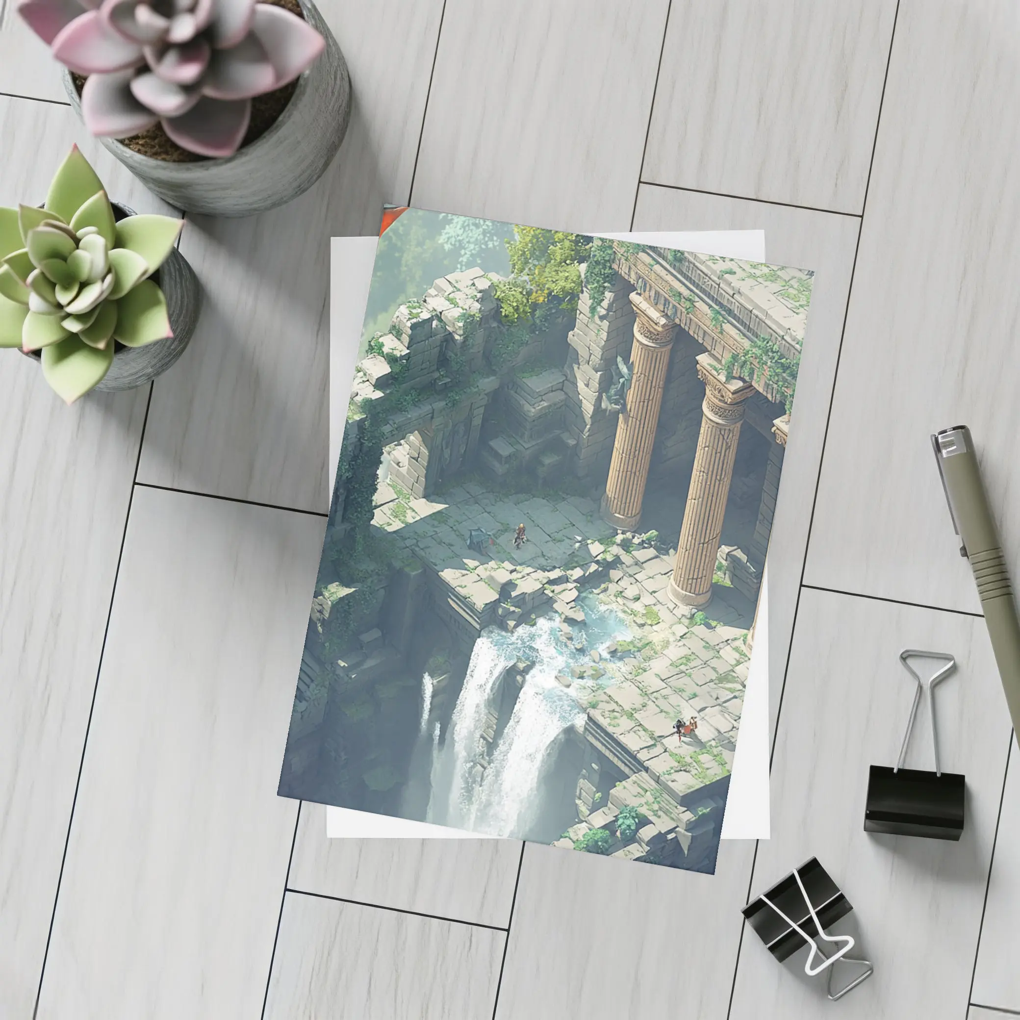 Fantasy Dragon Ancient Ruins Waterfall Scene – Postcards