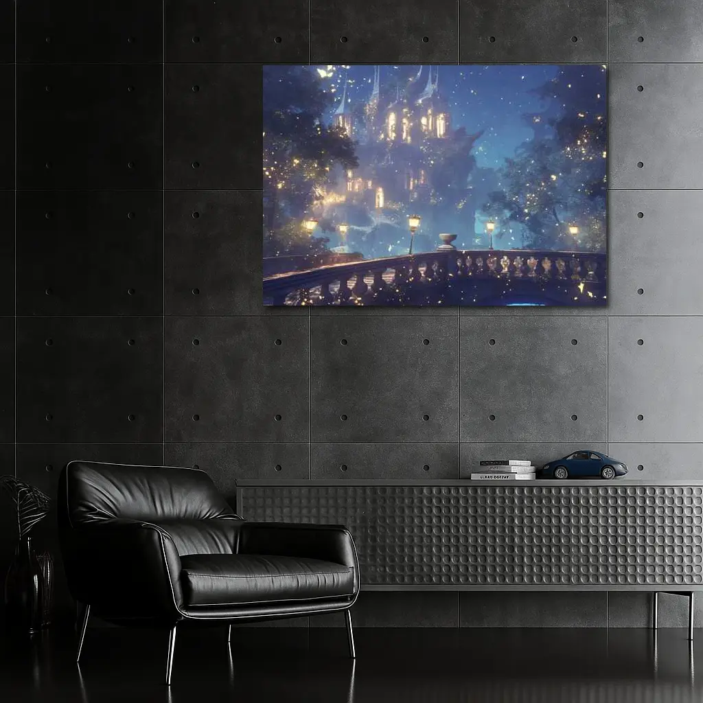 Fantasy Castle Night Glowing Fireflies Forest – Wall Art