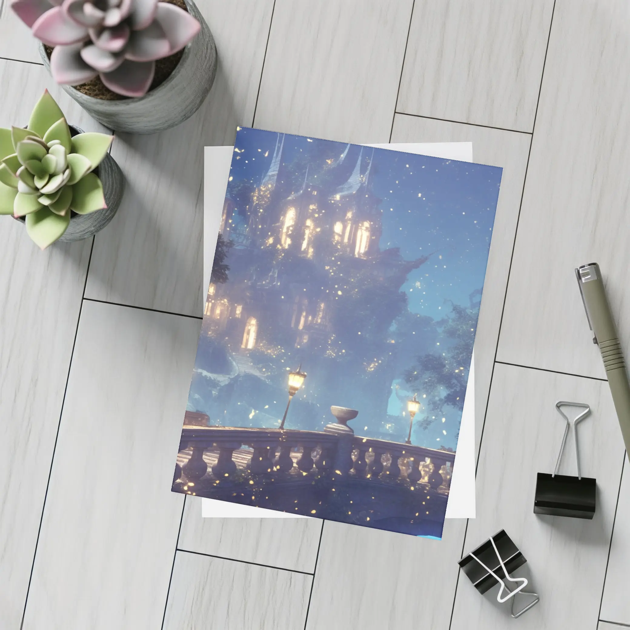 Fantasy Castle Night Glowing Fireflies Forest – Postcards