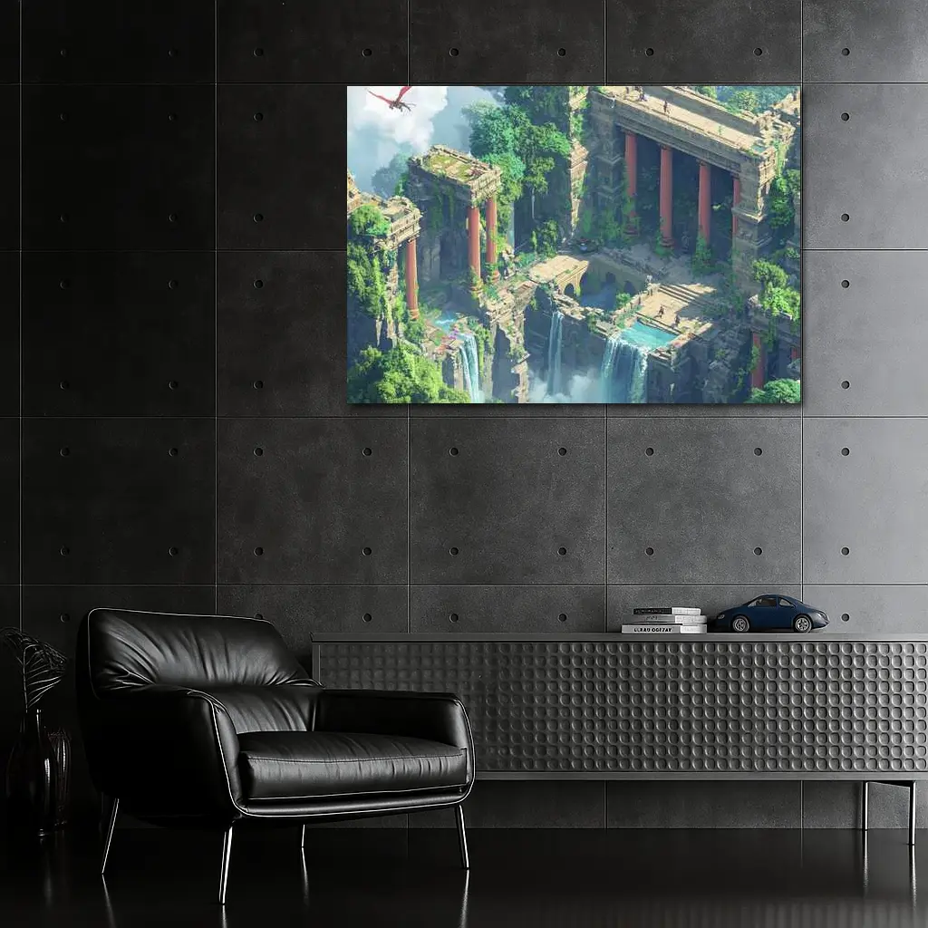 Fantasy Jungle Ruins Waterfall Pixel Art – Wall Art