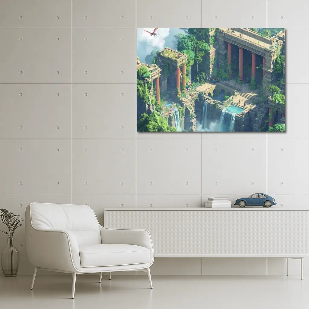Fantasy Jungle Ruins Waterfall Pixel Art – Wall Art