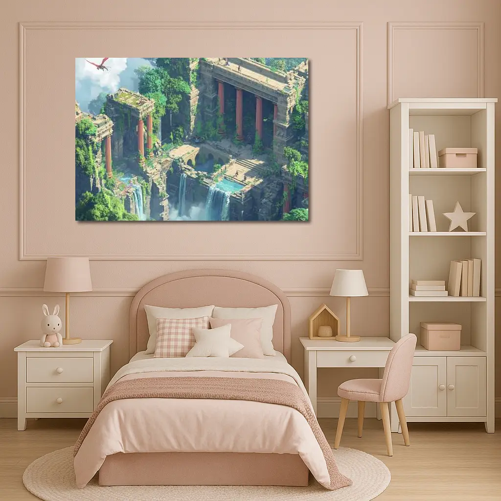 Fantasy Jungle Ruins Waterfall Pixel Art – Wall Art