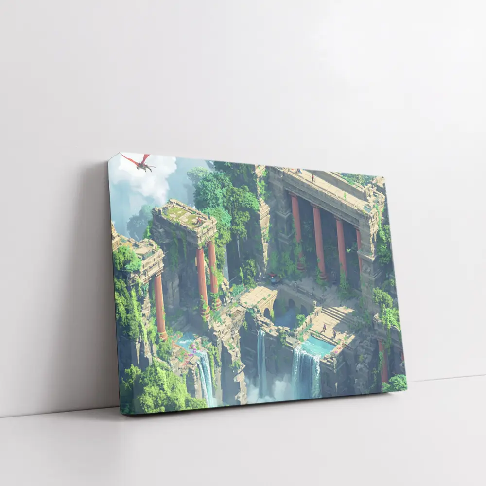 Fantasy Jungle Ruins Waterfall Pixel Art – Wall Art