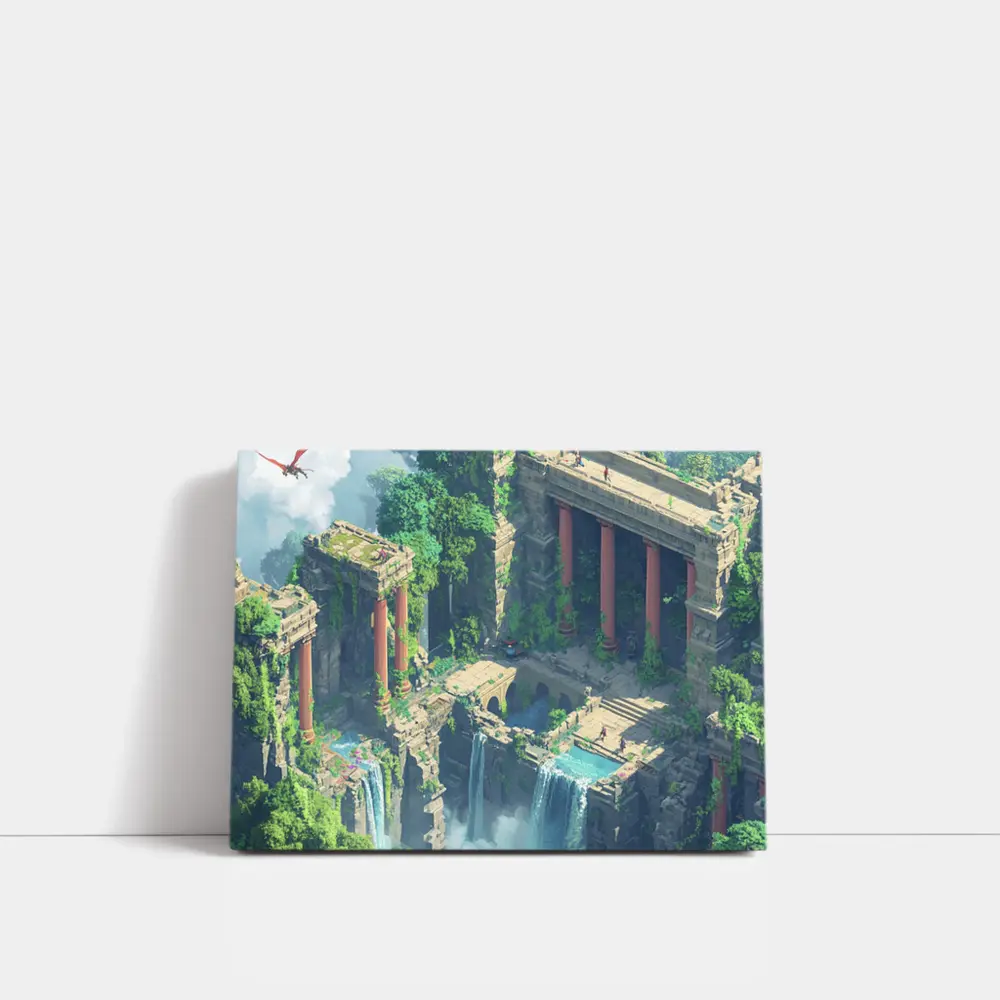 Fantasy Jungle Ruins Waterfall Pixel Art – Wall Art