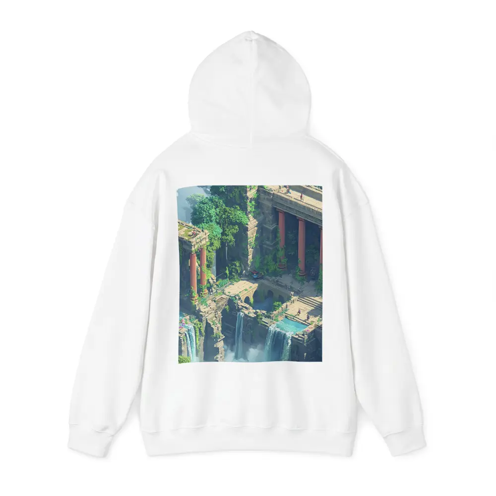 Fantasy Jungle Ruins Waterfall Pixel Art – Hoodies