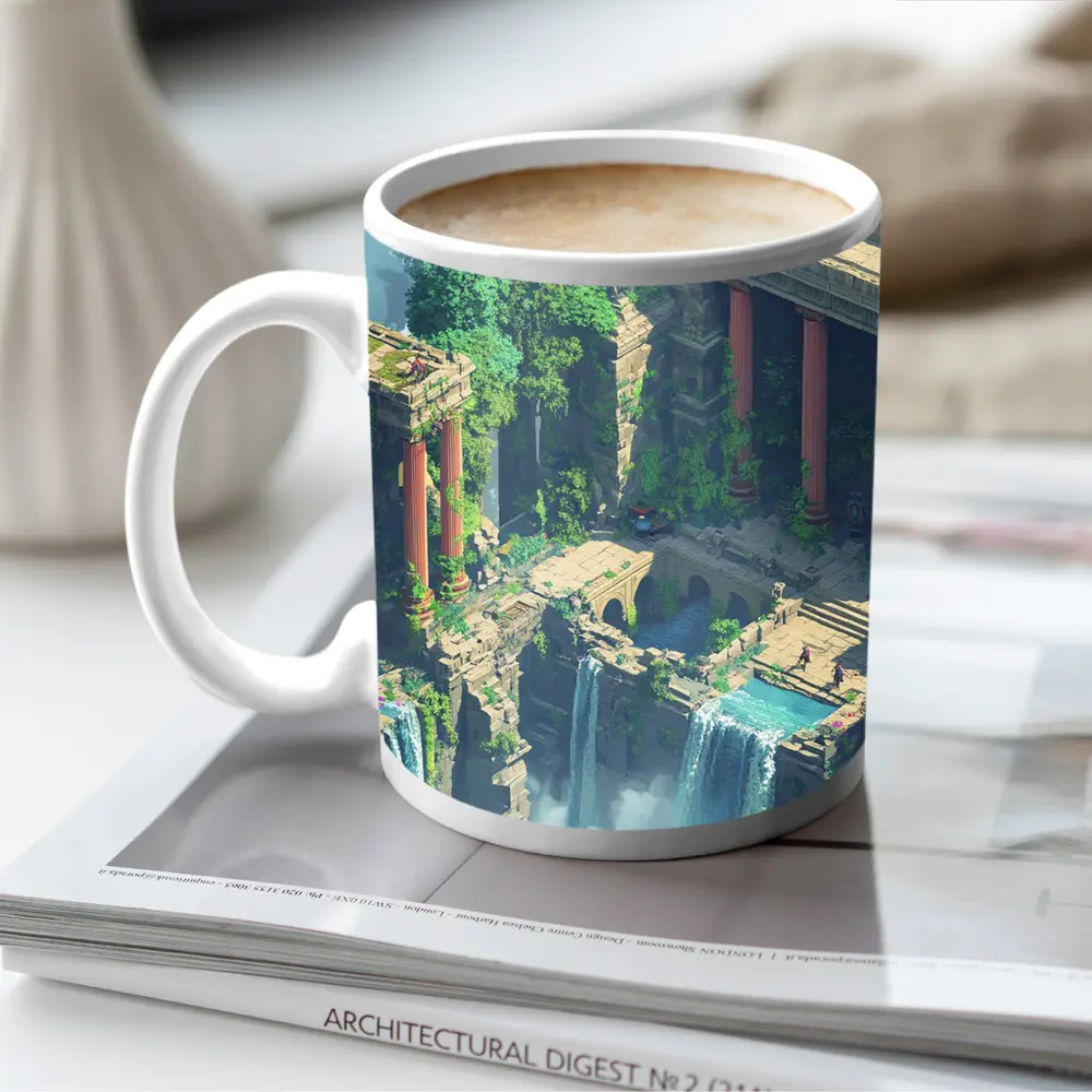 Fantasy Jungle Ruins Waterfall Pixel Art – Mugs