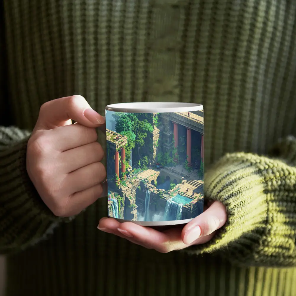 Fantasy Jungle Ruins Waterfall Pixel Art – Mugs