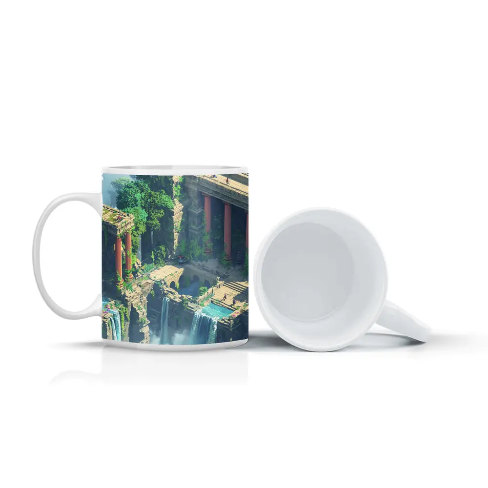 Fantasy Jungle Ruins Waterfall Pixel Art – Mugs
