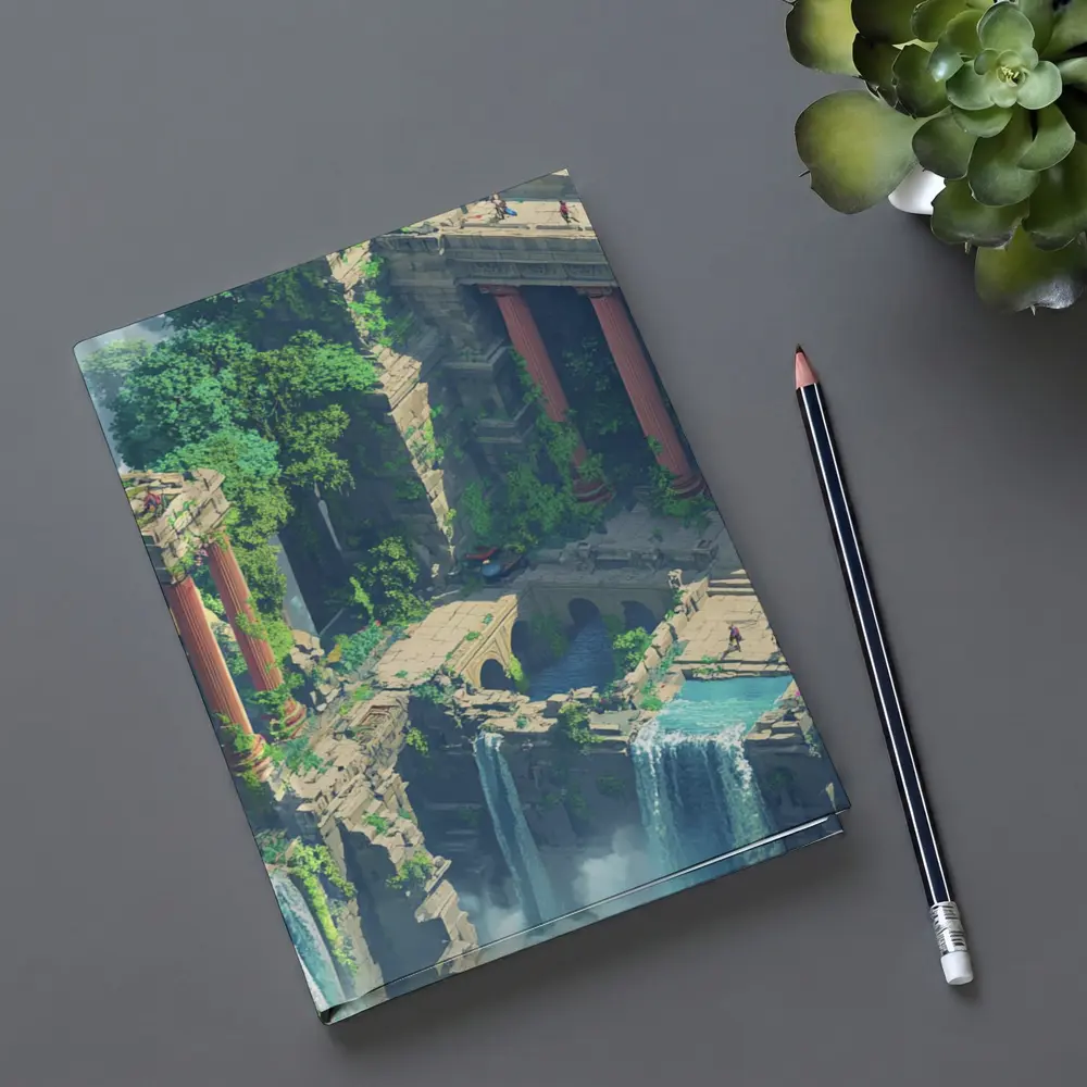 Fantasy Jungle Ruins Waterfall Pixel Art – Notebooks