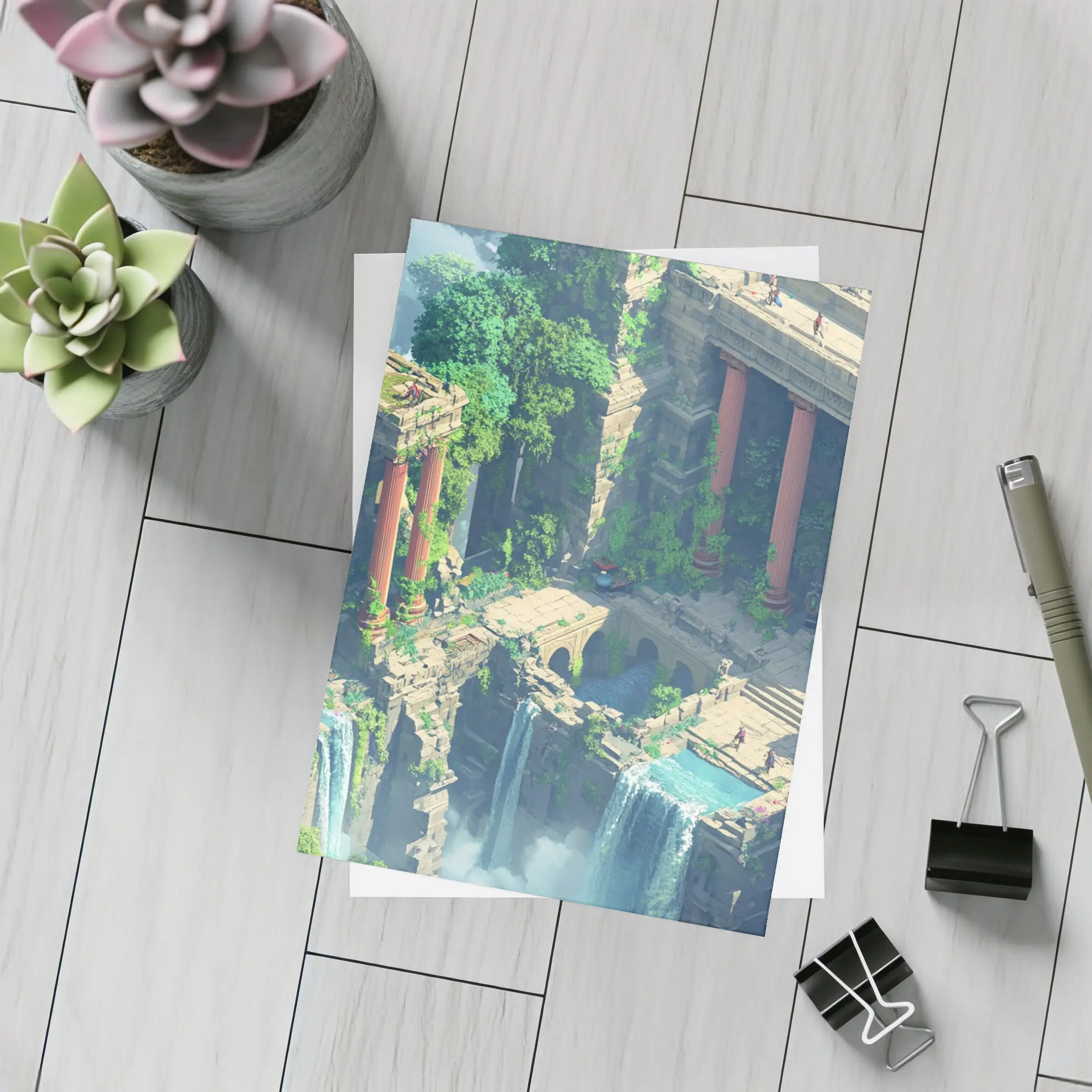 Fantasy Jungle Ruins Waterfall Pixel Art – Postcards