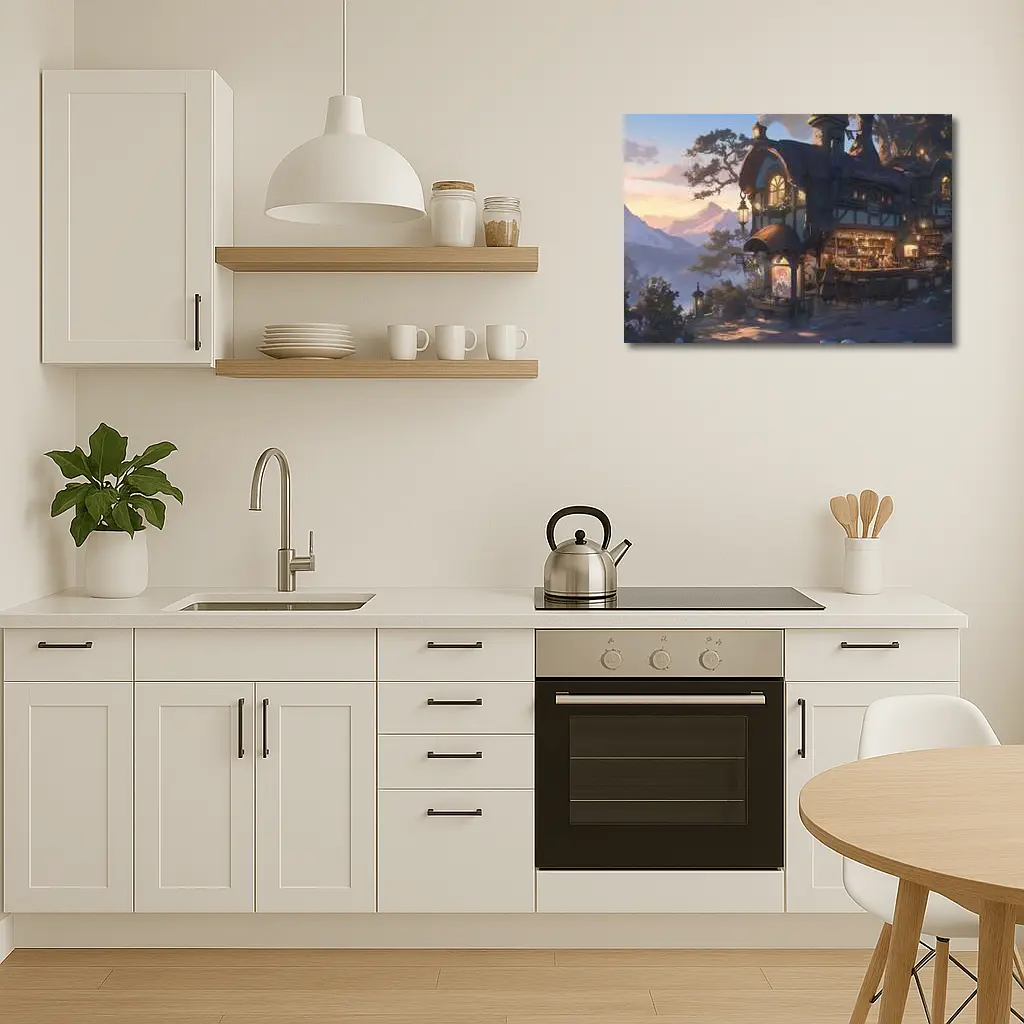 Fantasy Tavern Glowing Mountain Sunset Anime – Wall Art