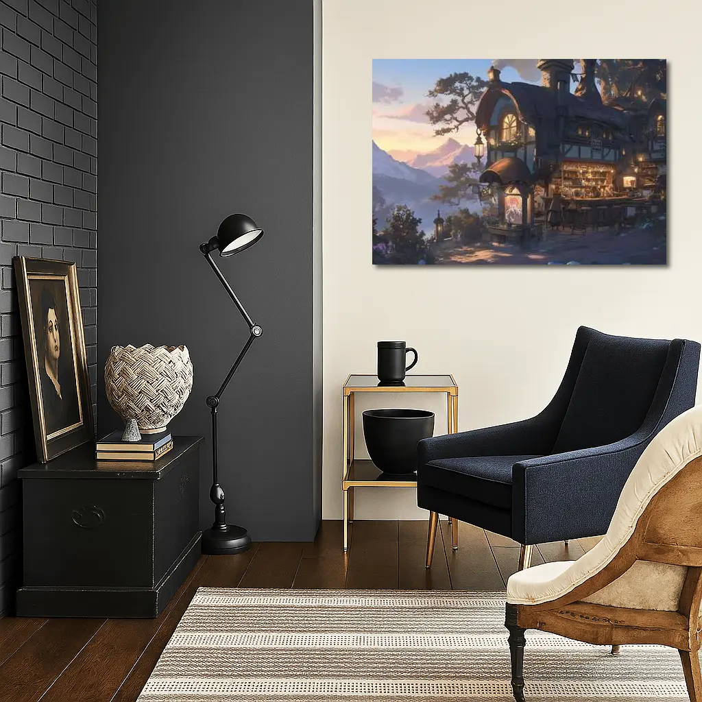 Fantasy Tavern Glowing Mountain Sunset Anime – Wall Art