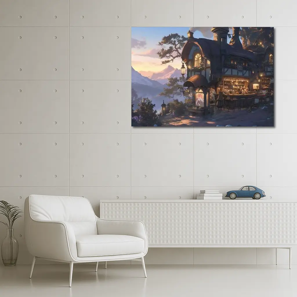 Fantasy Tavern Glowing Mountain Sunset Anime – Wall Art