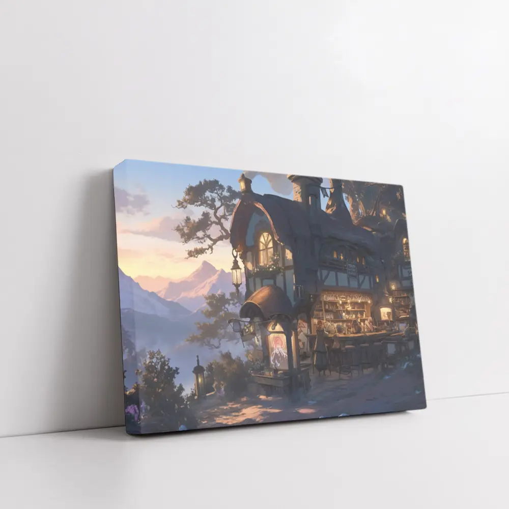 Fantasy Tavern Glowing Mountain Sunset Anime – Wall Art