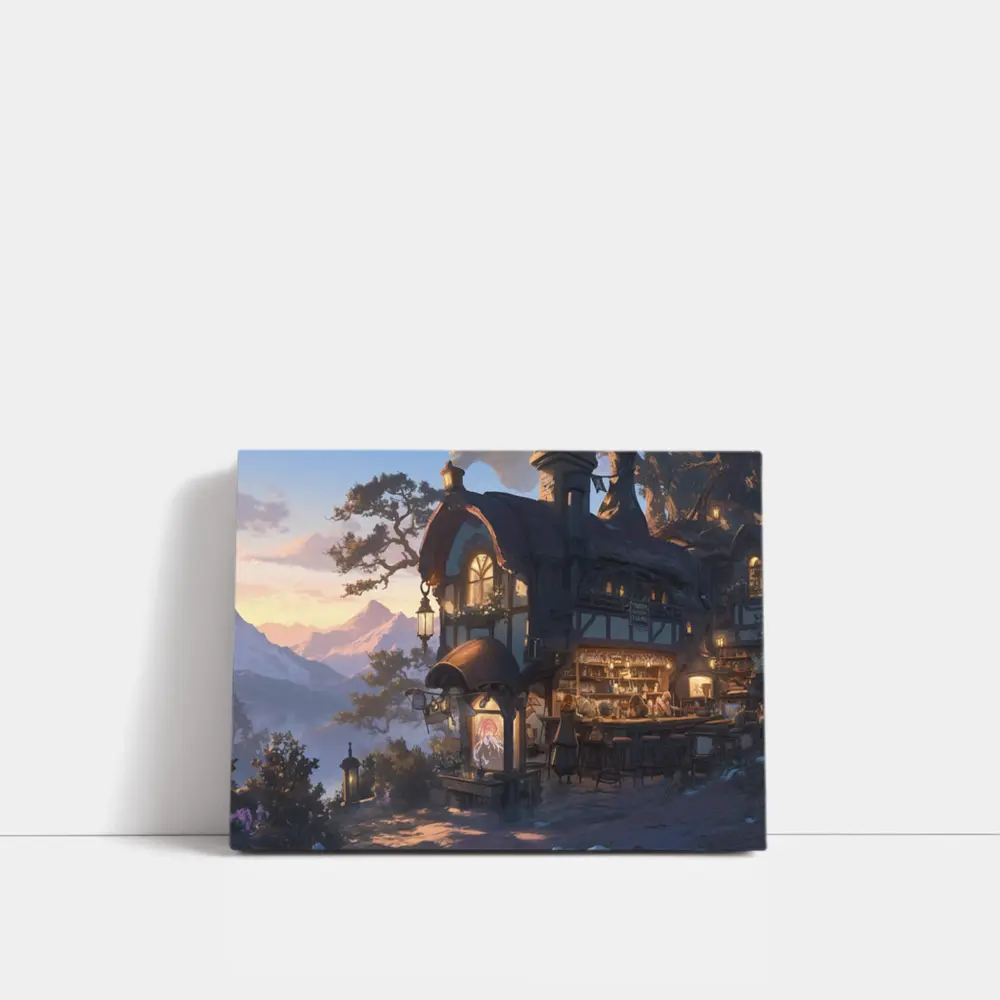 Fantasy Tavern Glowing Mountain Sunset Anime – Wall Art