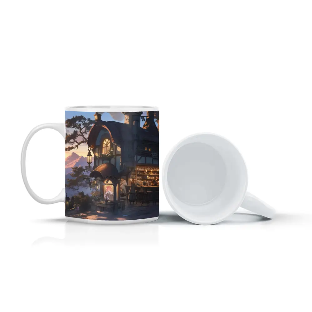 Fantasy Tavern Glowing Mountain Sunset Anime – Mugs