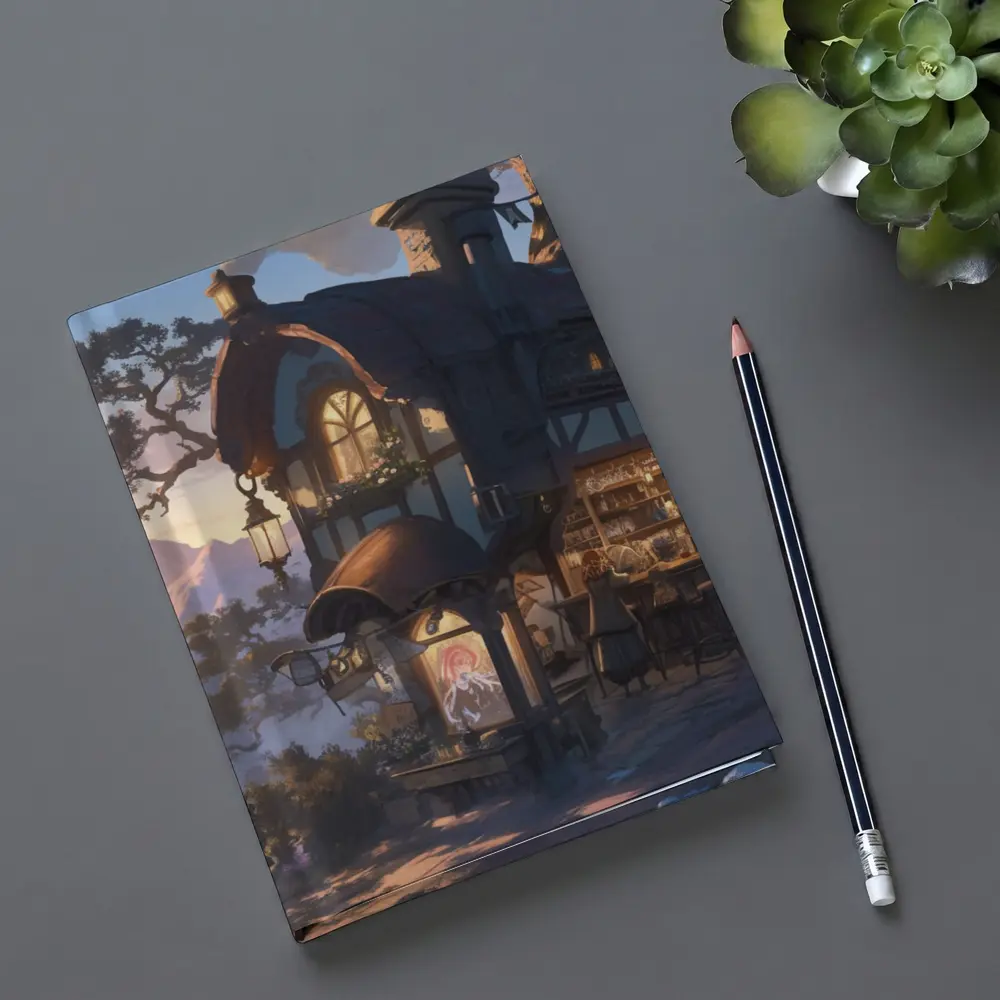 Fantasy Tavern Glowing Mountain Sunset Anime – Notebooks