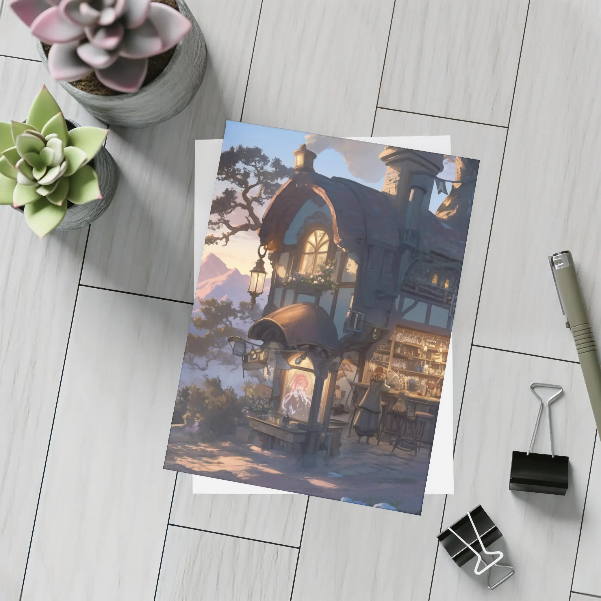 Fantasy Tavern Glowing Mountain Sunset Anime – Postcards