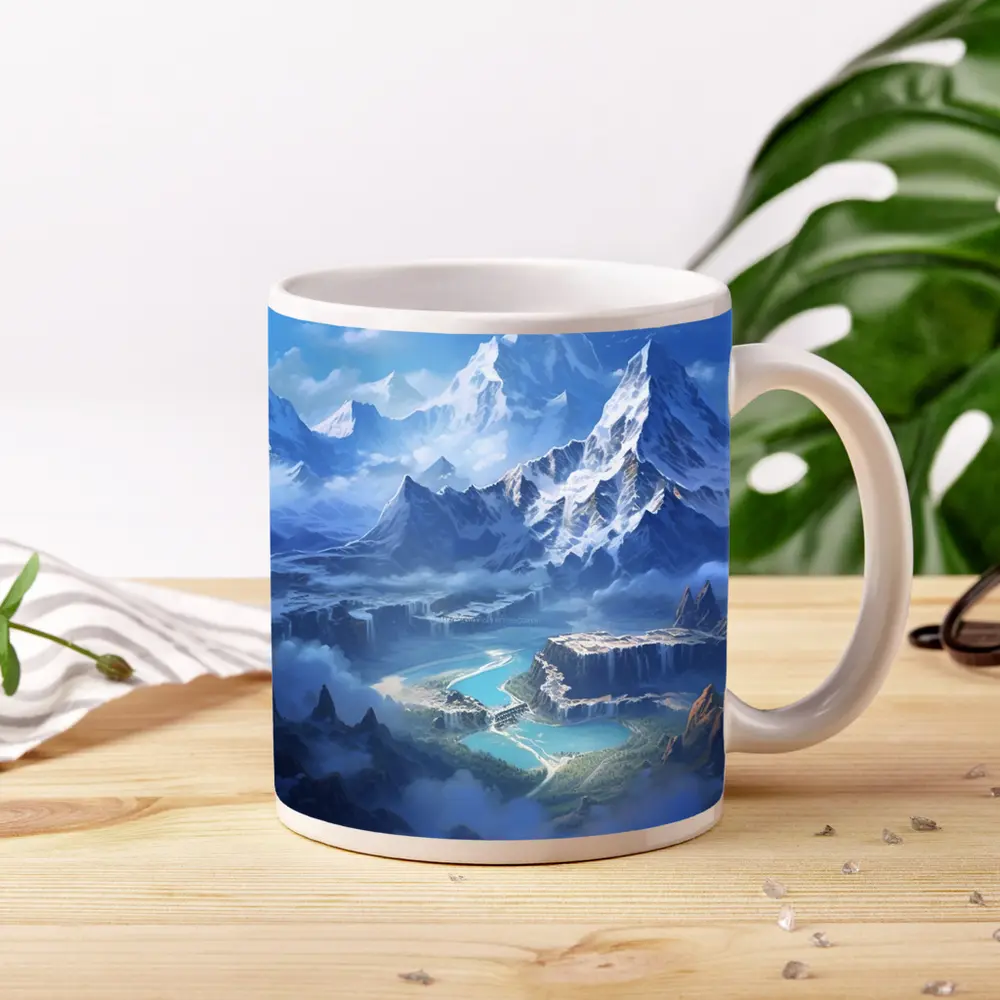 Fantasy Mountain Valley Waterfall Digital Art – Mugs