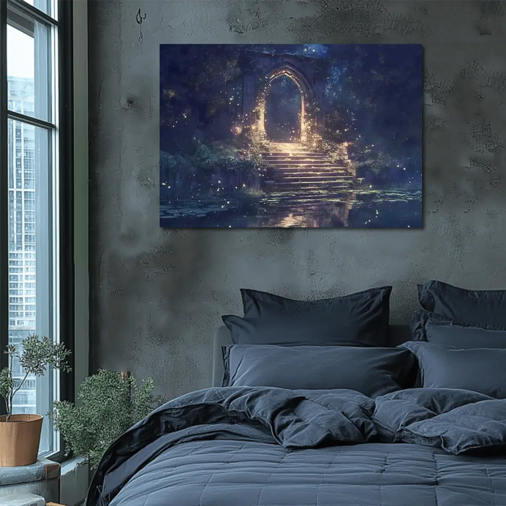 Fantasy Stone Arch Gate Glowing Night Forest – Wall Art