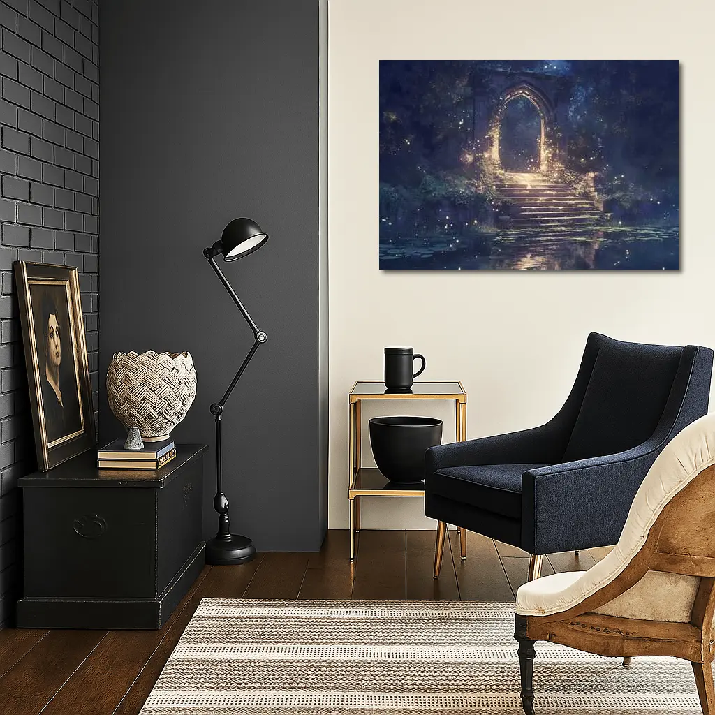 Fantasy Stone Arch Gate Glowing Night Forest – Wall Art
