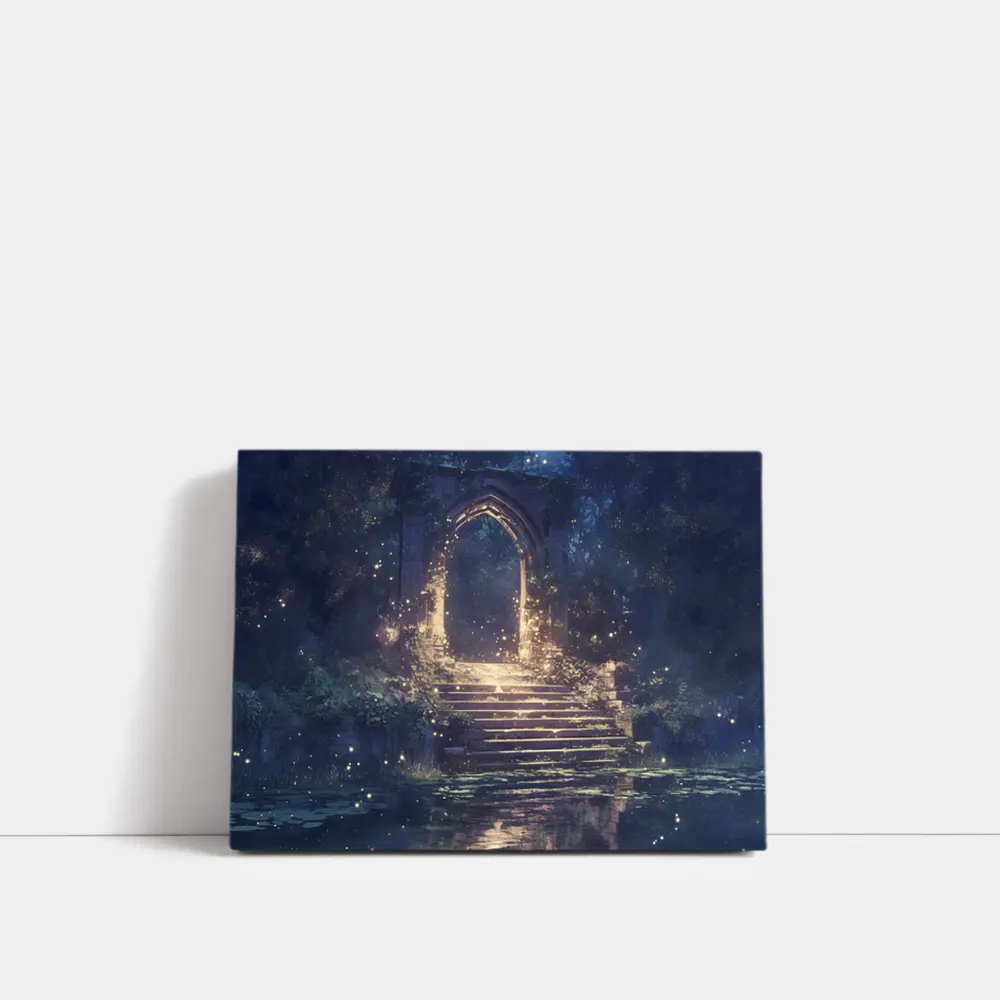 Fantasy Stone Arch Gate Glowing Night Forest – Wall Art