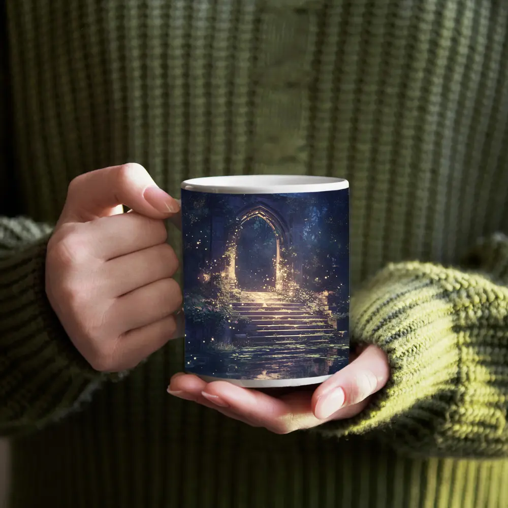 Fantasy Stone Arch Gate Glowing Night Forest – Mugs