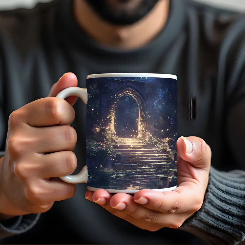 Fantasy Stone Arch Gate Glowing Night Forest – Mugs