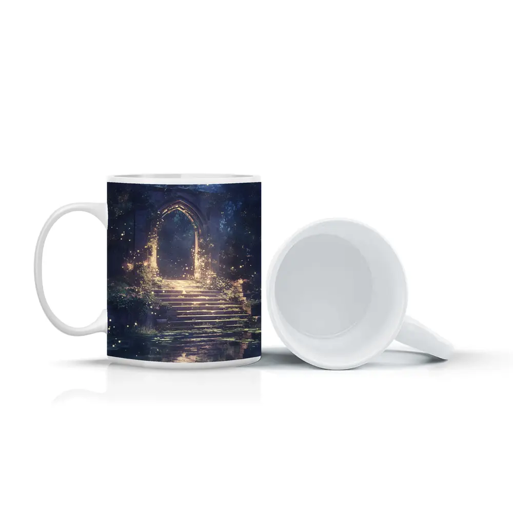 Fantasy Stone Arch Gate Glowing Night Forest – Mugs