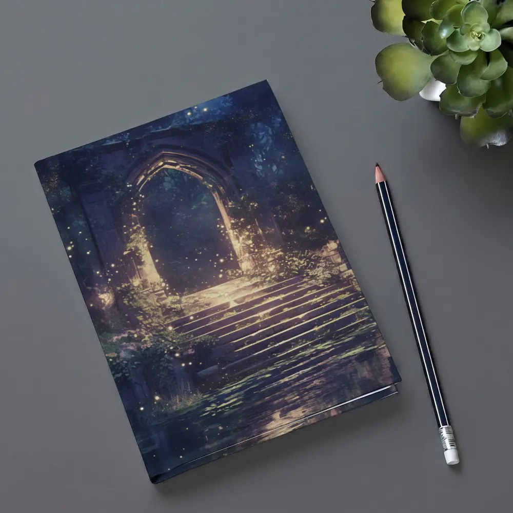 Fantasy Stone Arch Gate Glowing Night Forest – Notebooks