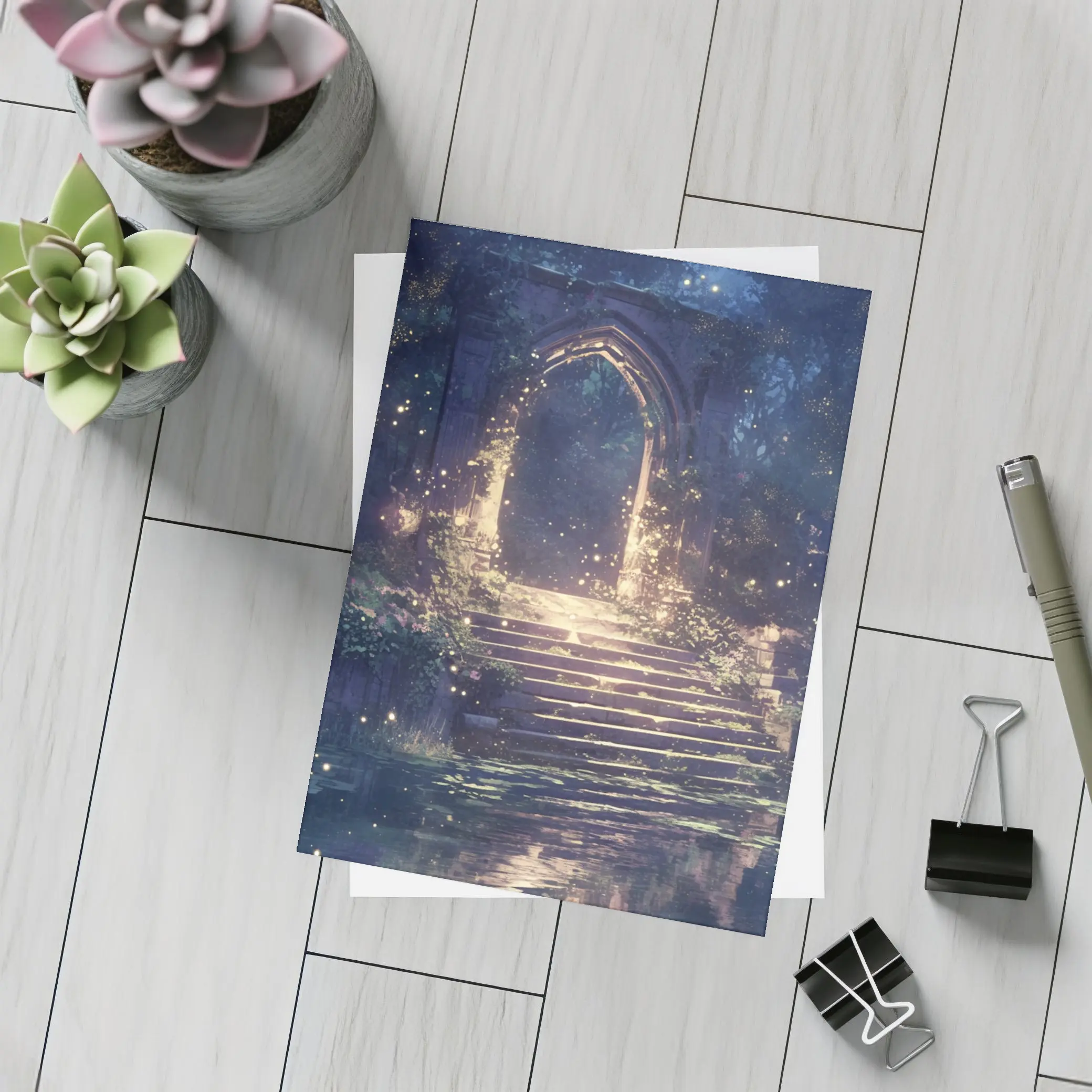 Fantasy Stone Arch Gate Glowing Night Forest – Postcards