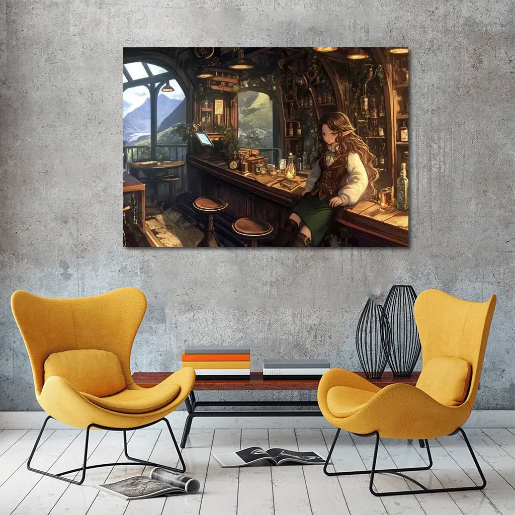 Anime Elf Girl Fantasy Tavern Mountain View – Wall Art