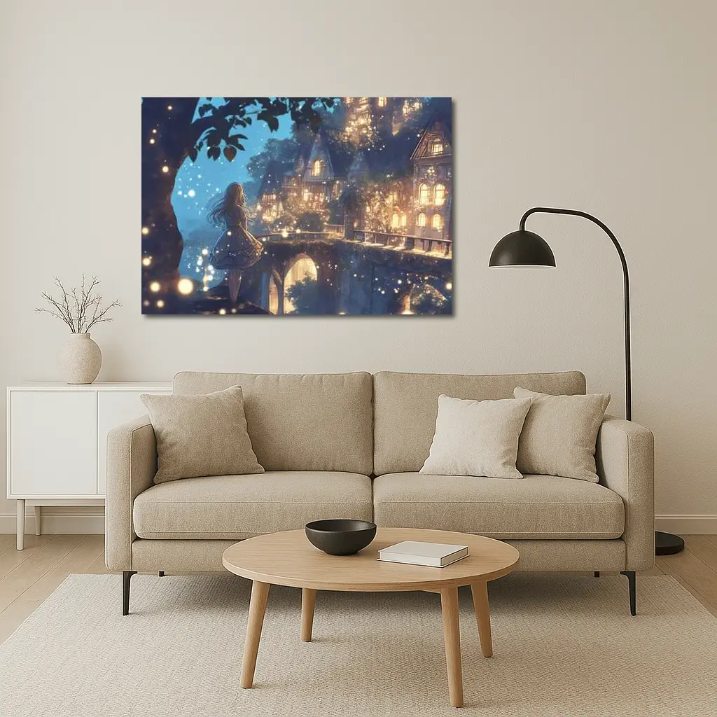 Anime Girl Glowing Fantasy Village Night – Wall Art