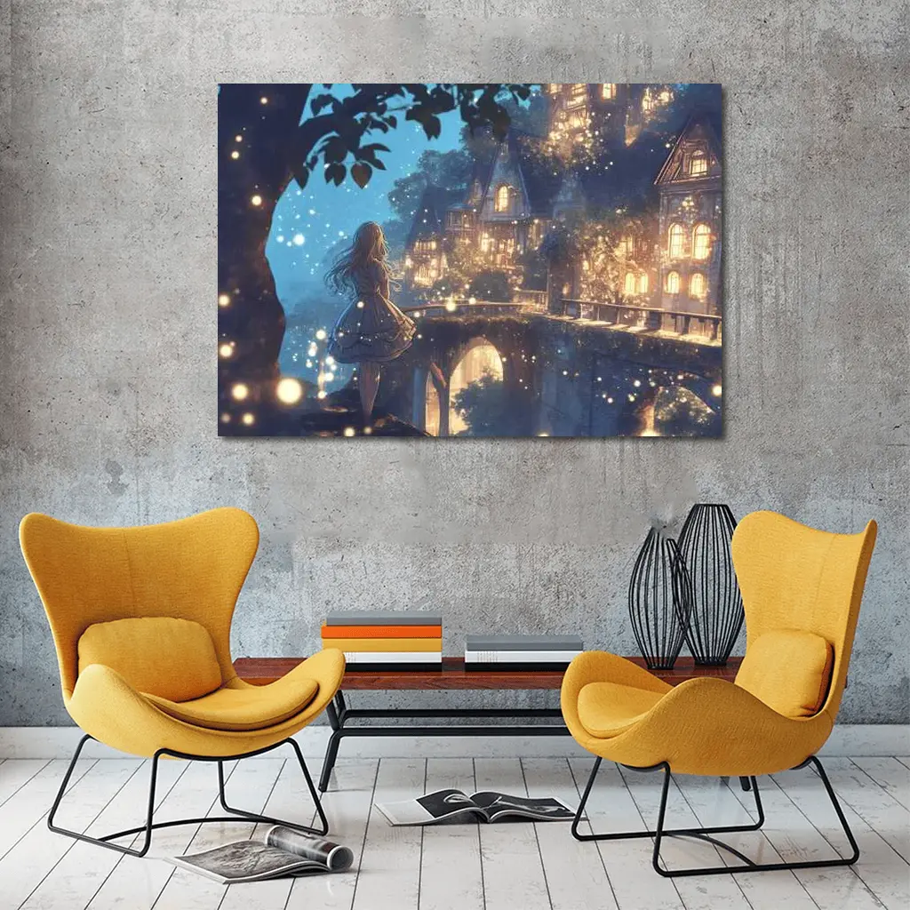 Anime Girl Glowing Fantasy Village Night – Wall Art