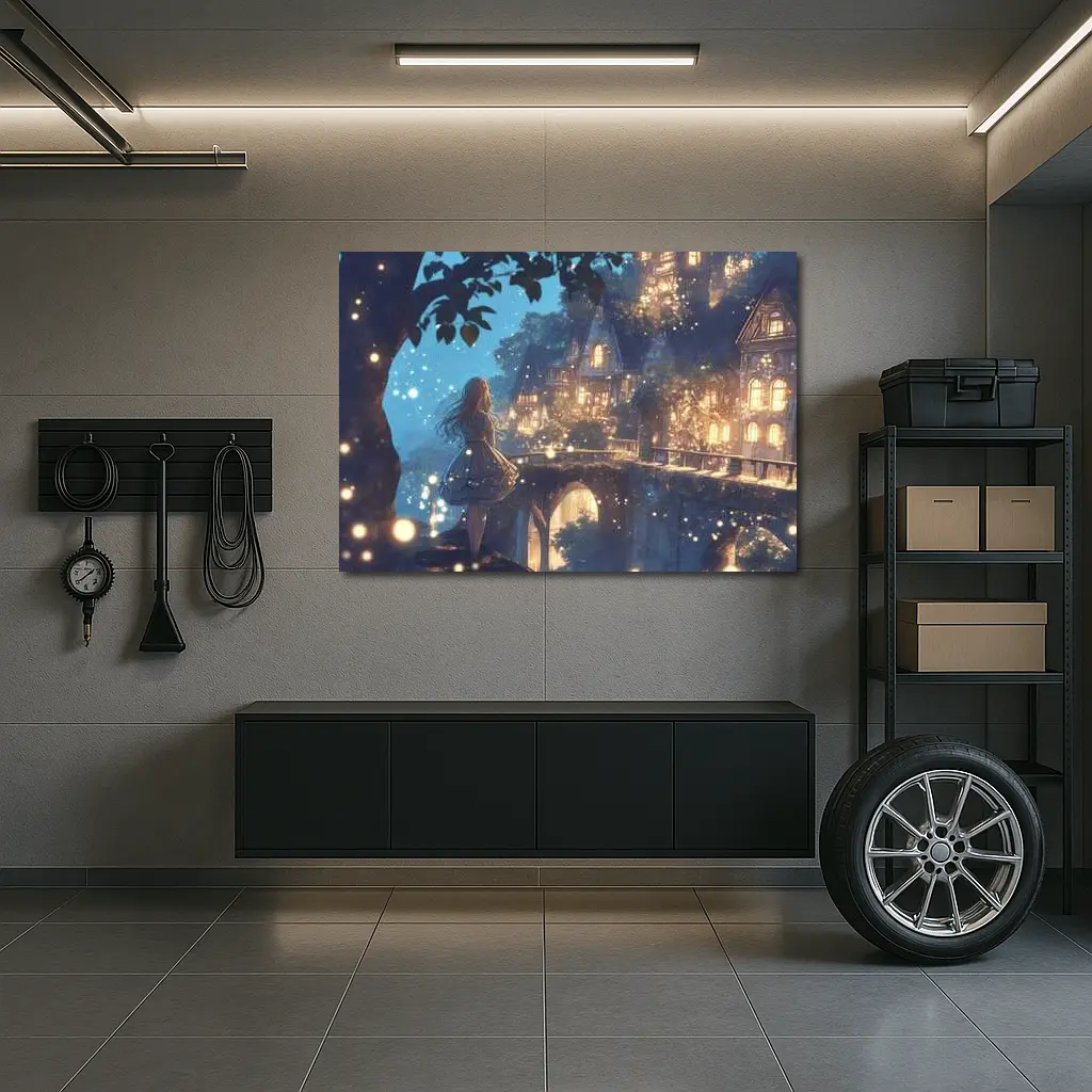 Anime Girl Glowing Fantasy Village Night – Wall Art