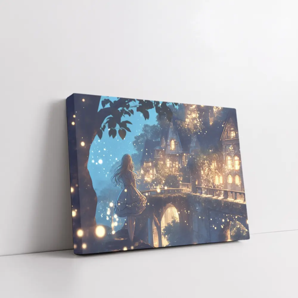 Anime Girl Glowing Fantasy Village Night – Wall Art