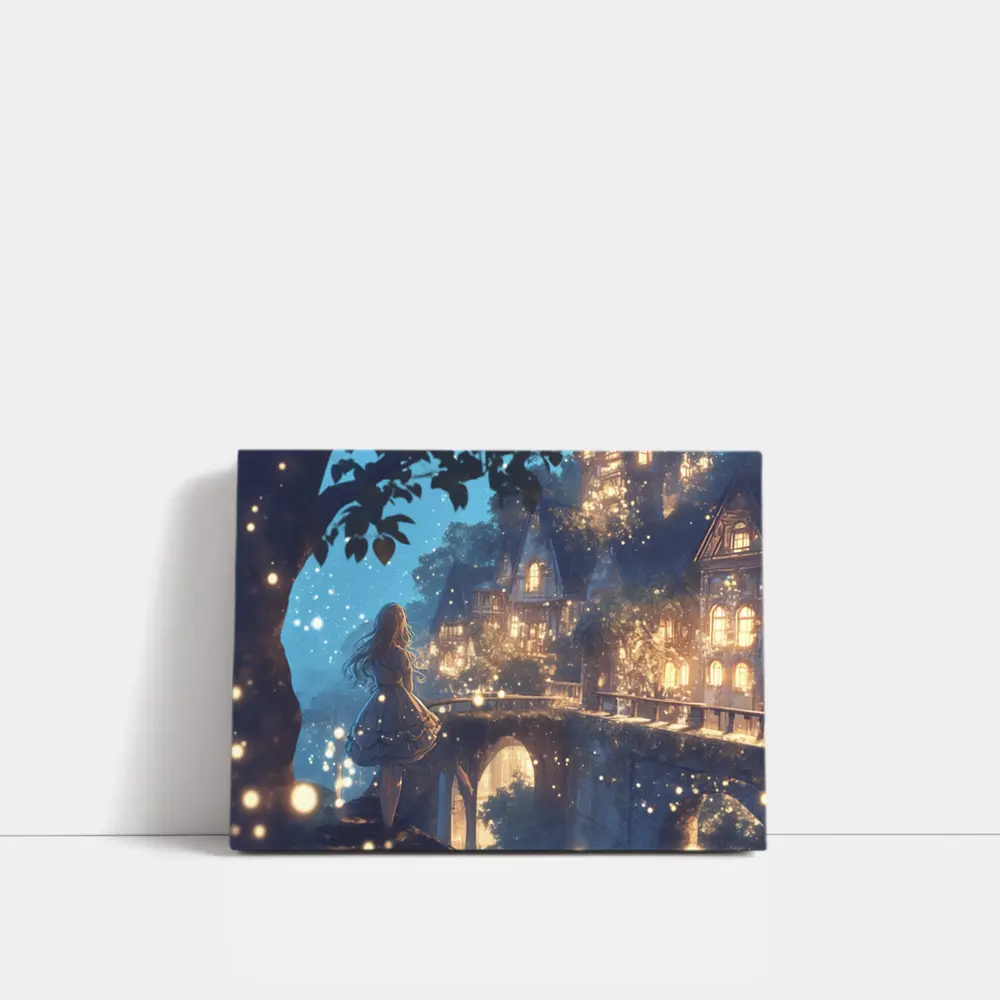 Anime Girl Glowing Fantasy Village Night – Wall Art