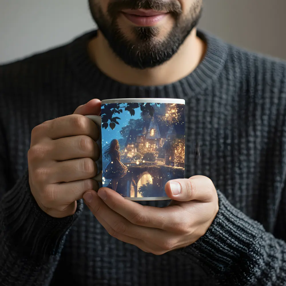 Anime Girl Glowing Fantasy Village Night – Mugs