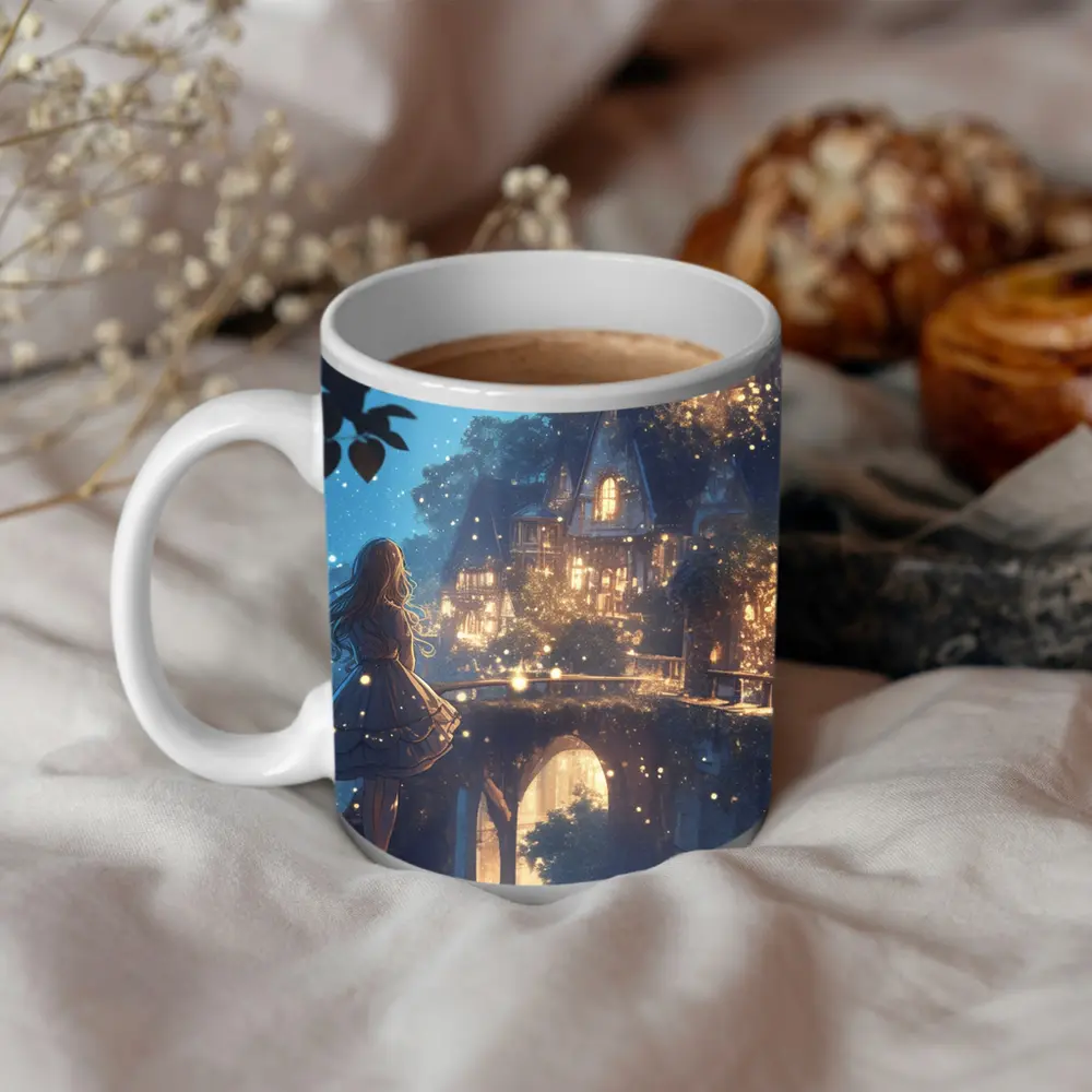 Anime Girl Glowing Fantasy Village Night – Mugs