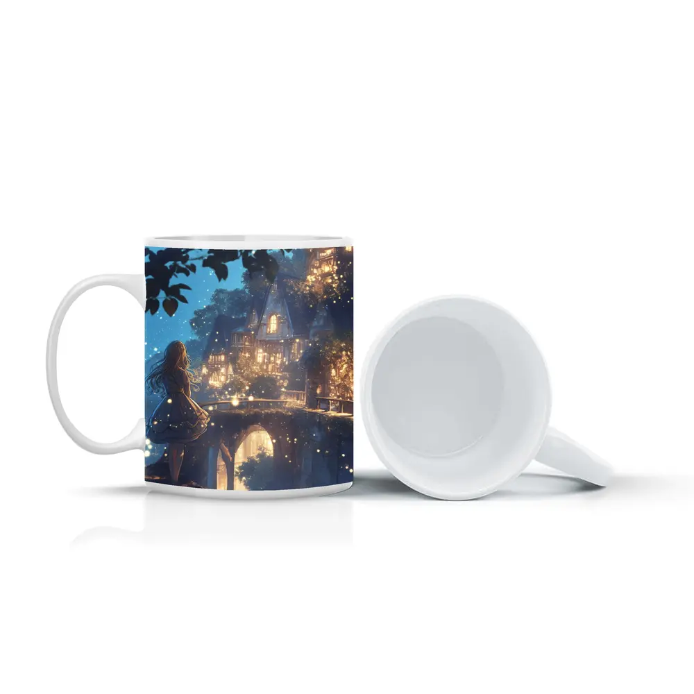 Anime Girl Glowing Fantasy Village Night – Mugs