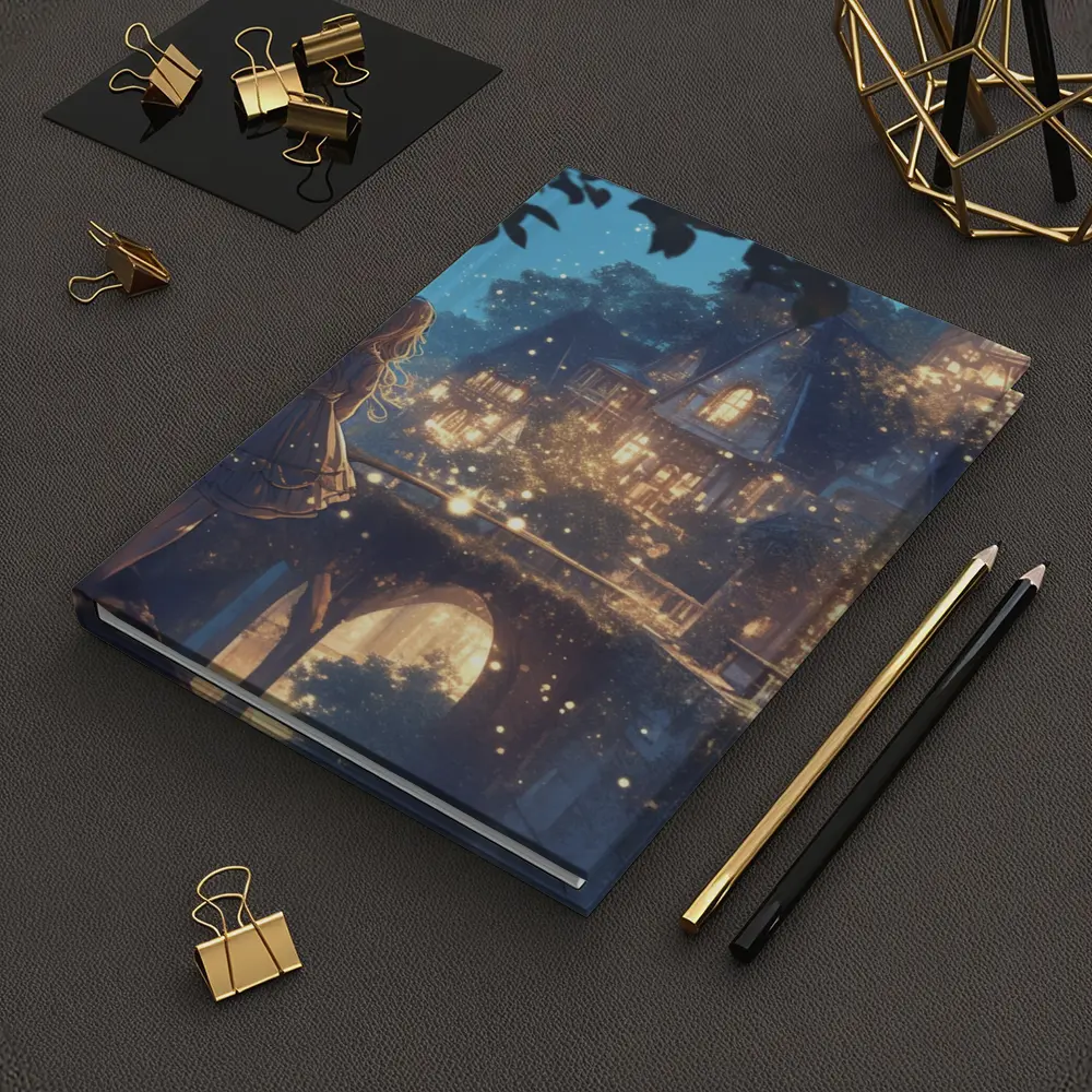 Anime Girl Glowing Fantasy Village Night – Notebooks