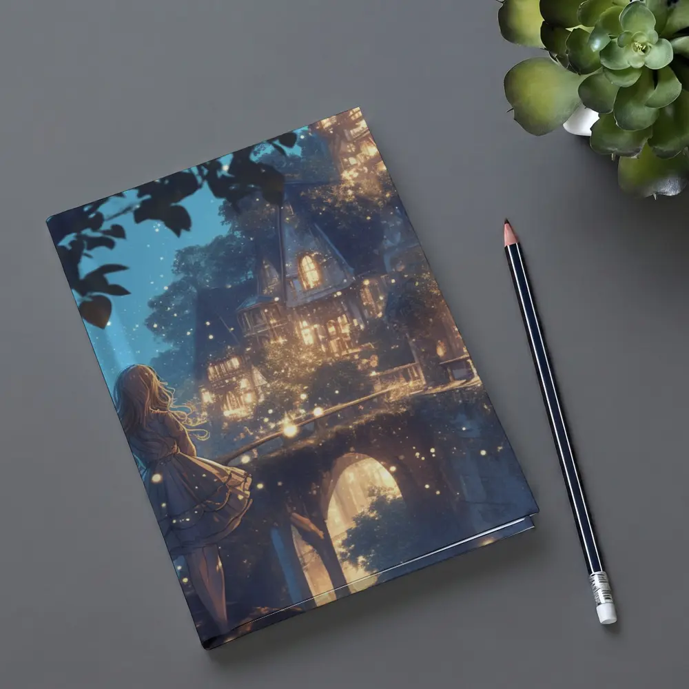 Anime Girl Glowing Fantasy Village Night – Notebooks