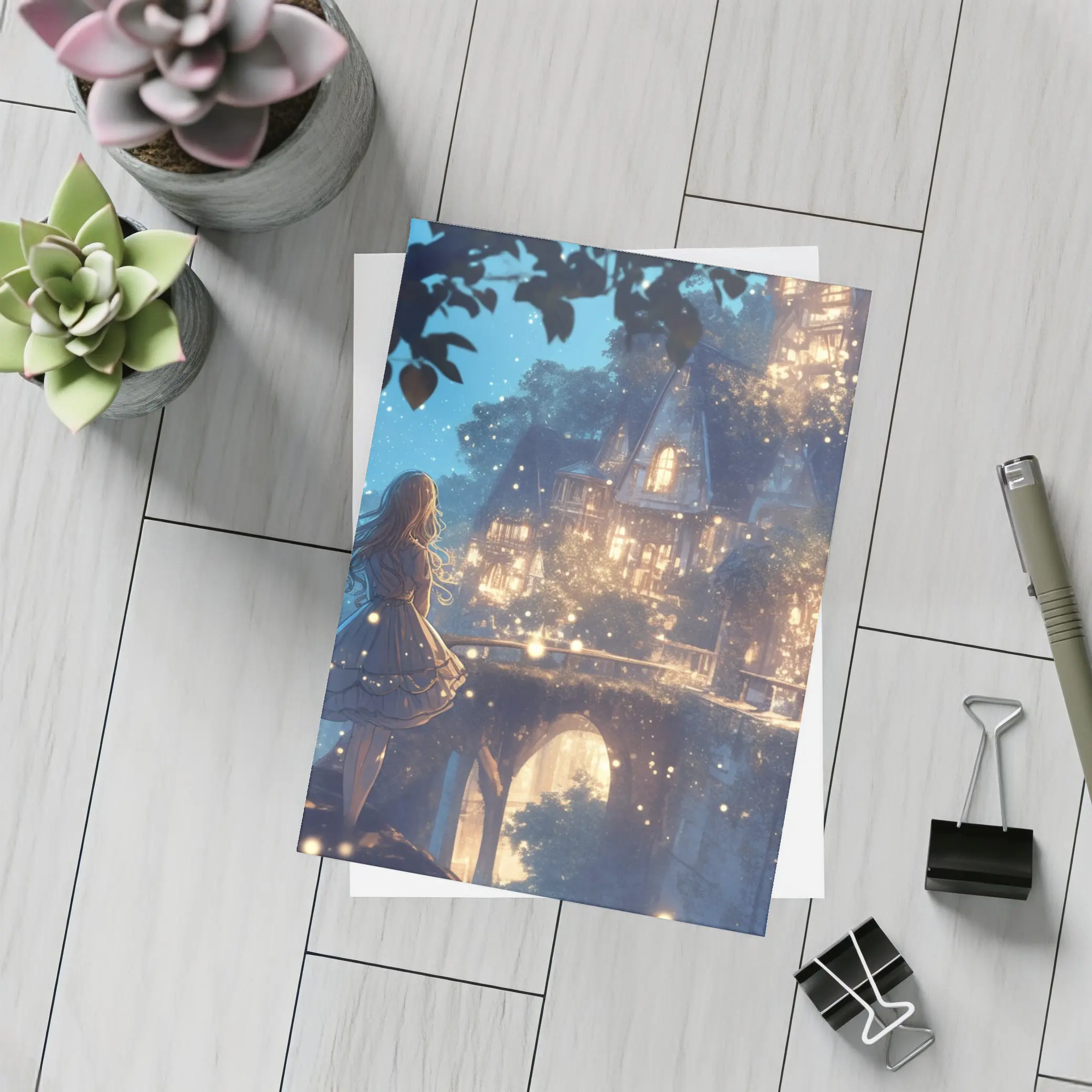 Anime Girl Glowing Fantasy Village Night – Postcards