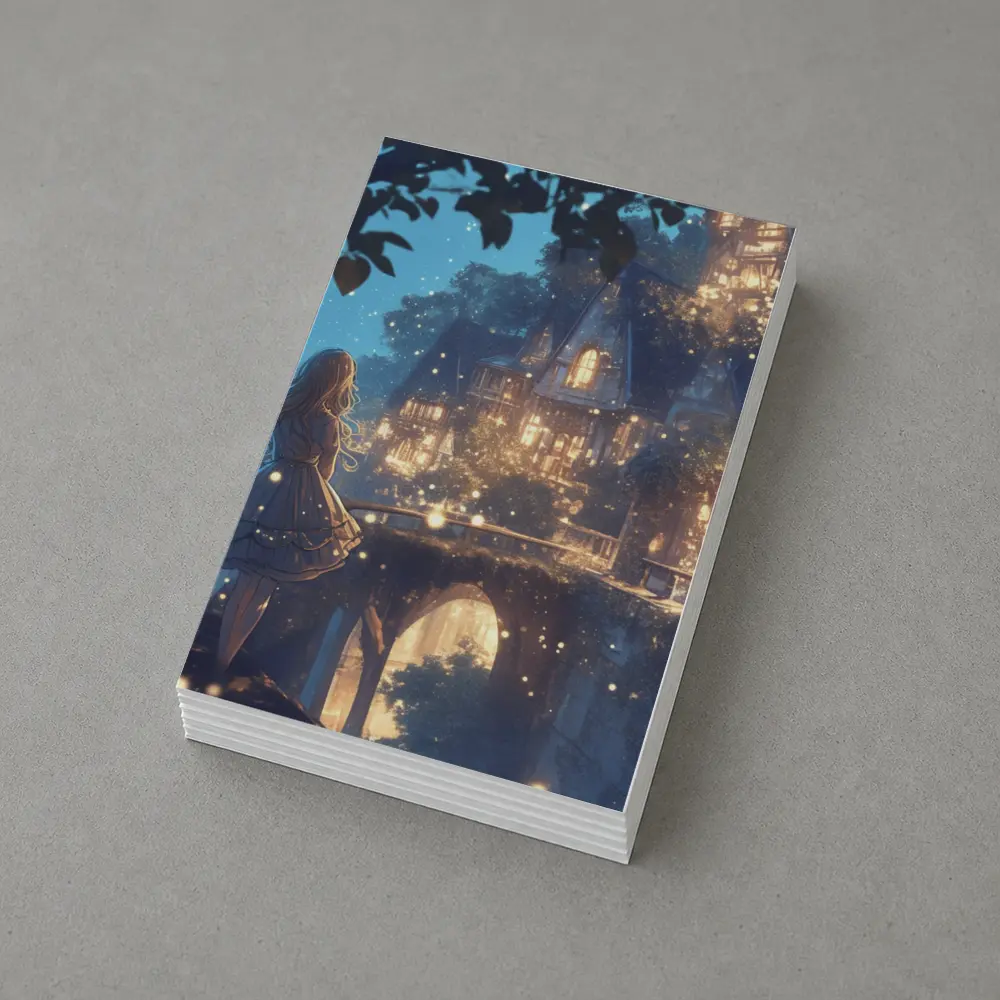 Anime Girl Glowing Fantasy Village Night – Postcards