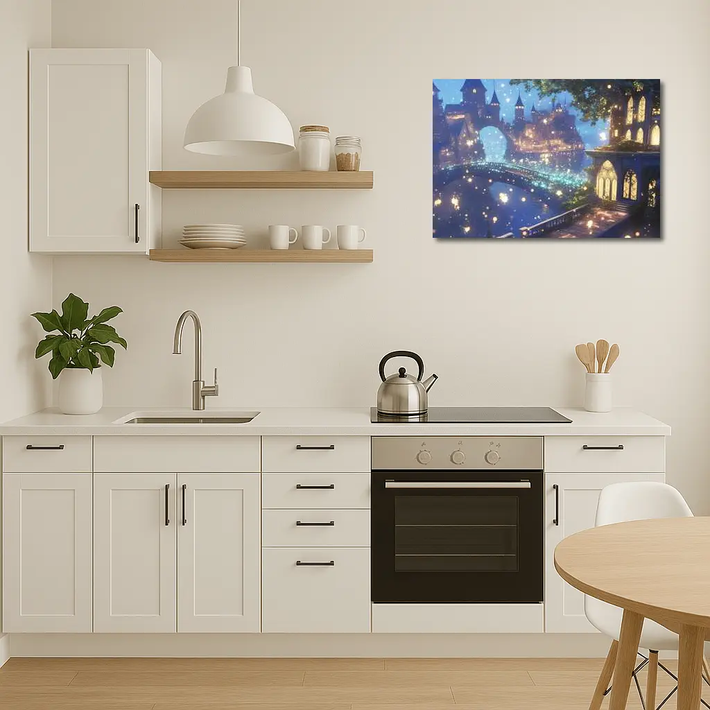 Fantasy Castle City Glowing Night Bridge – Wall Art