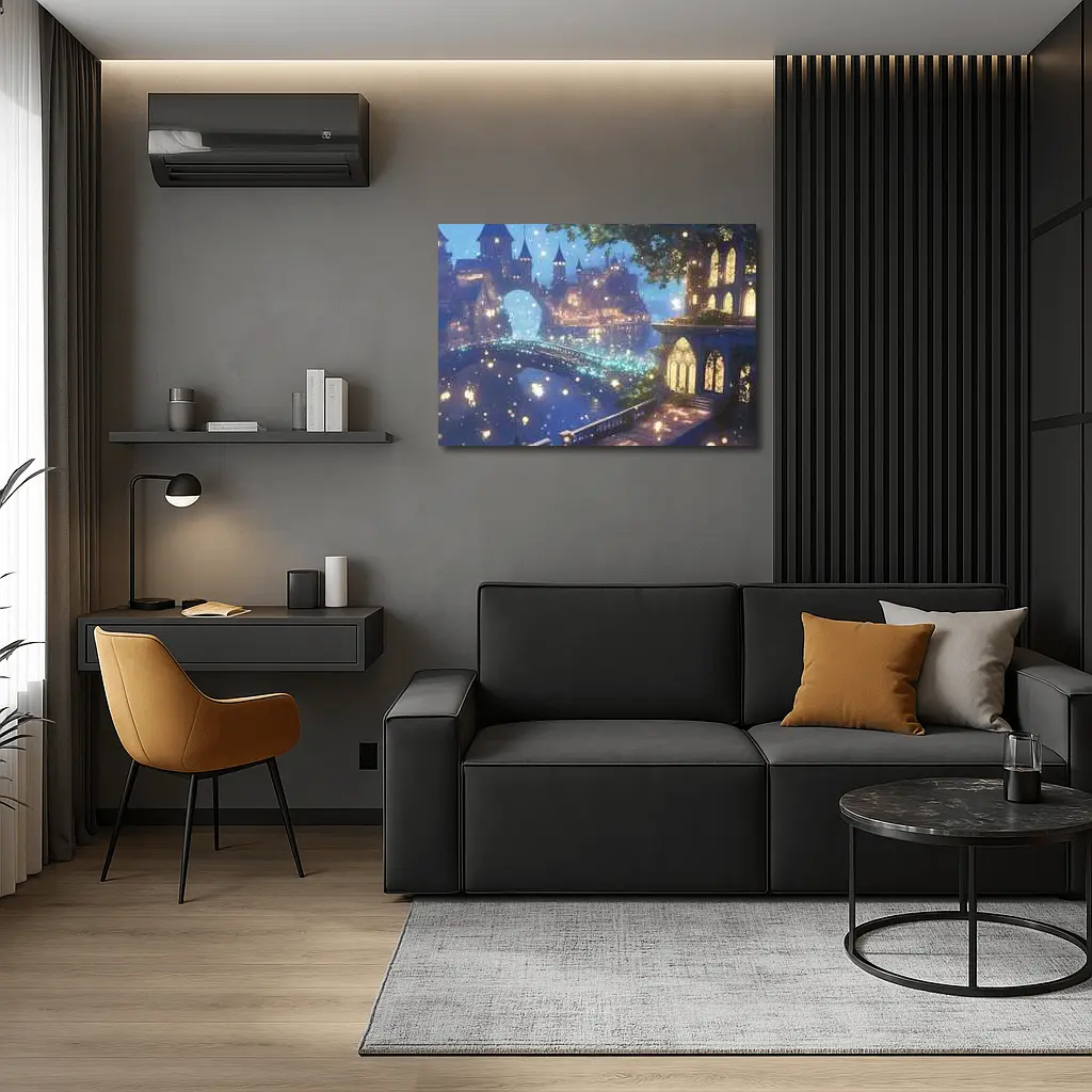 Fantasy Castle City Glowing Night Bridge – Wall Art